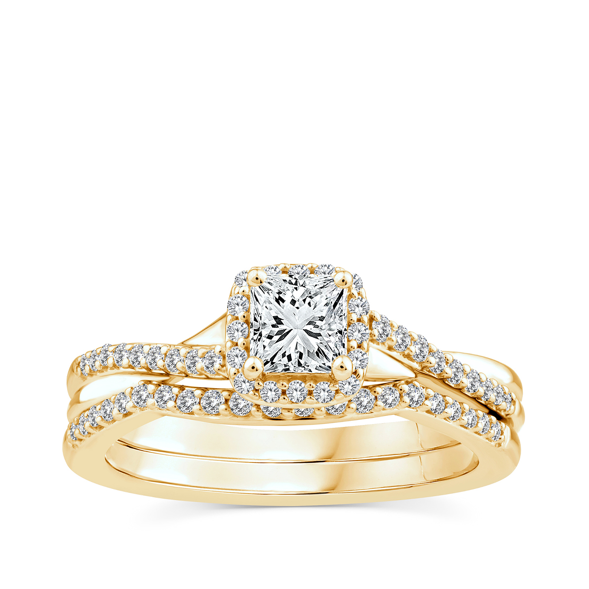 Noventa 3/4 ct. tw. Princess Cut Diamond Halo Wedding Set in 14K Yellow Gold
