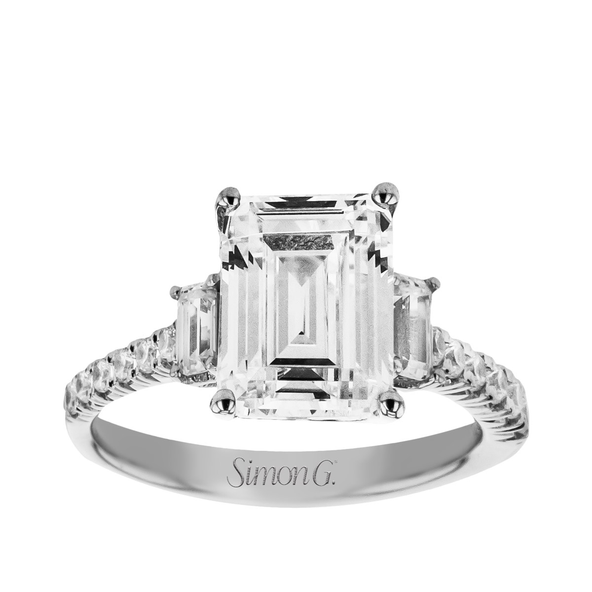 Simon G. 1/5 ct. tw. Emerald Cut Diamond 3-Stone Semi-Mount Engagement Ring in 18K White Gold