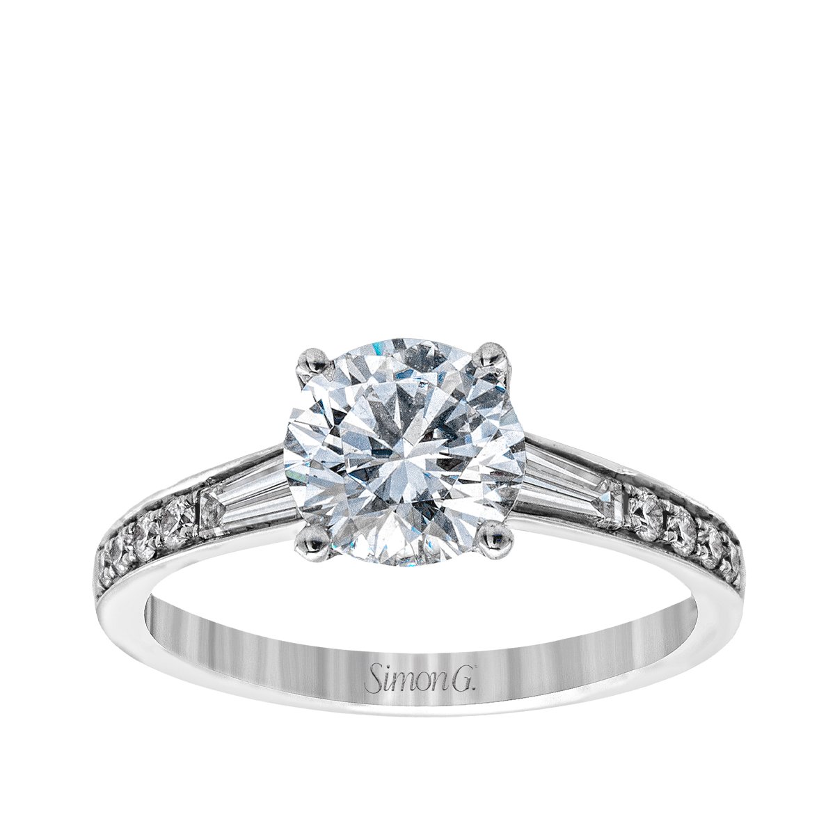 Simon G. Baguette & Round Diamond Round Semi-Mount Engagement Ring in 18K White Gold