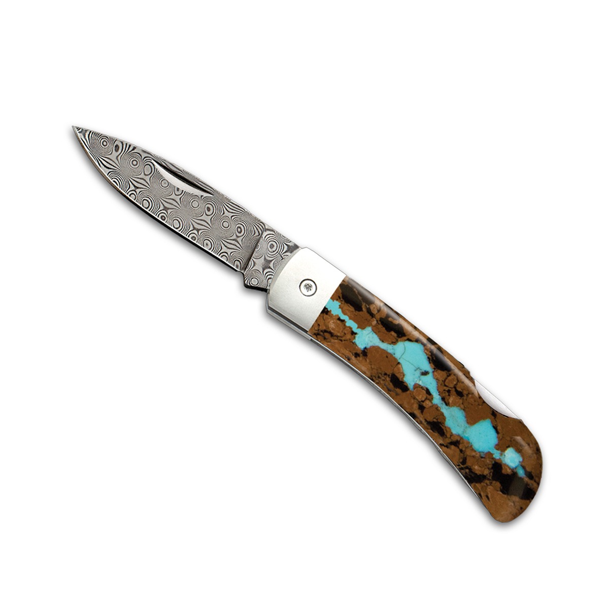 Santa Fe Stoneworks Damascus Steel 3" Lockback Vein Turquoise Pocket Knife