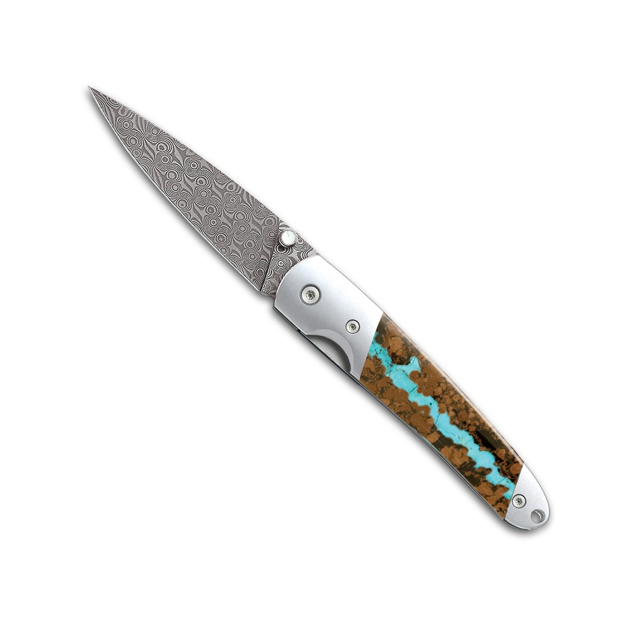 Santa Fe Stoneworks Damascus Steel 4" Liner Lock Vein Turquoise Pocket Knife