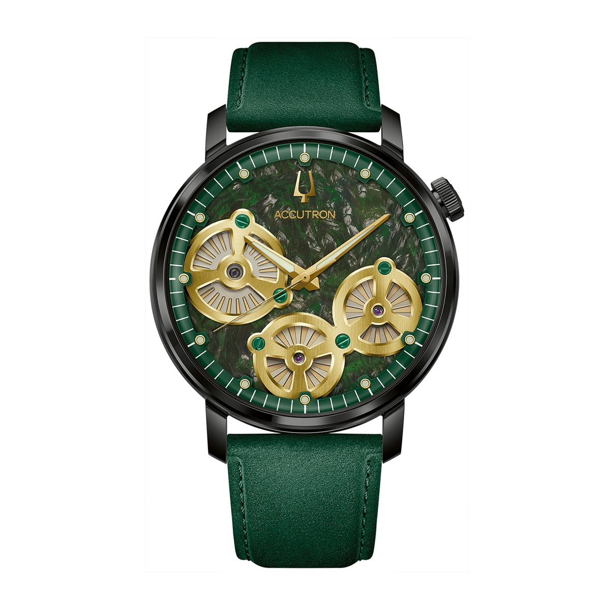 Accutron Men's Spaceview Evolution Automatic Black Stainless Steel Watch with Green Dial & Leather Strap