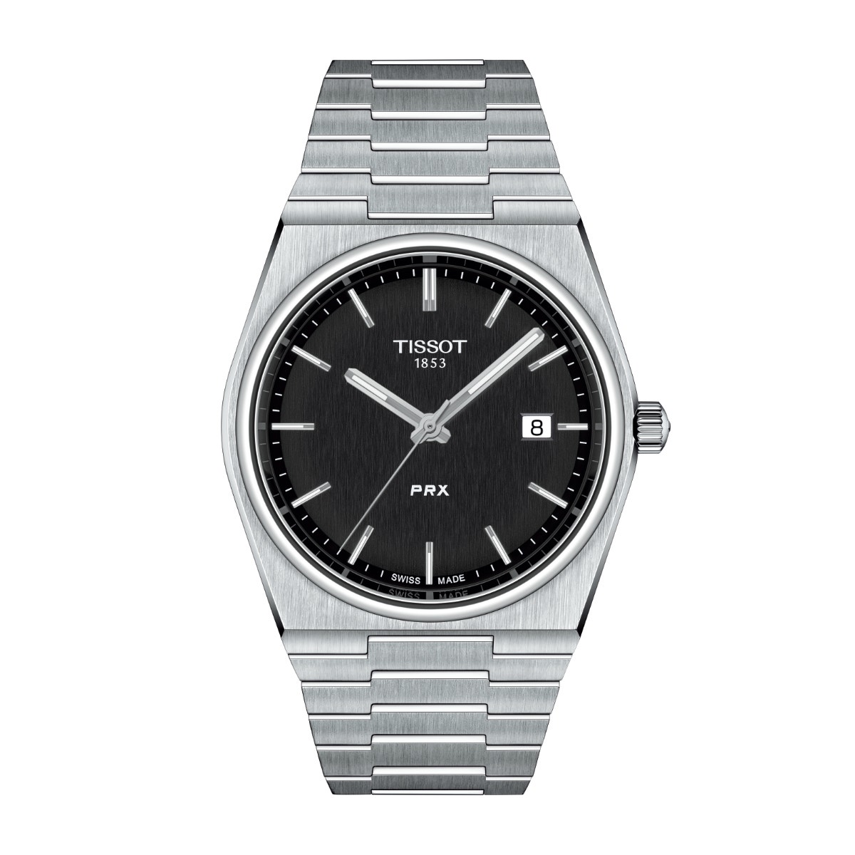 stainless steel watch with black dial