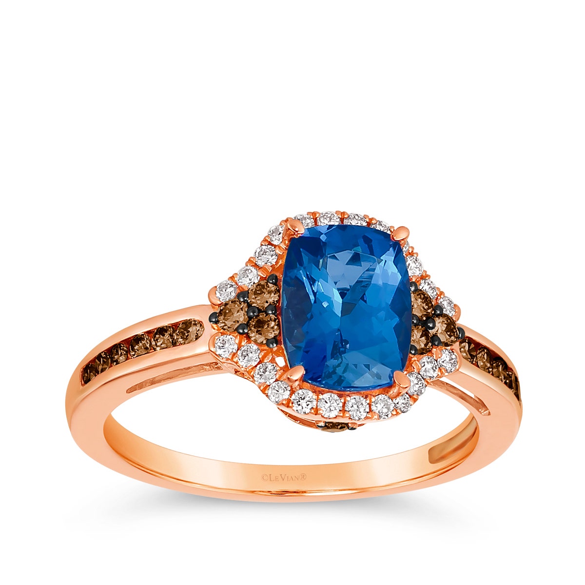 pink gold cushion cut blue tanzanite ring with white and brown diamonds along halo and shank