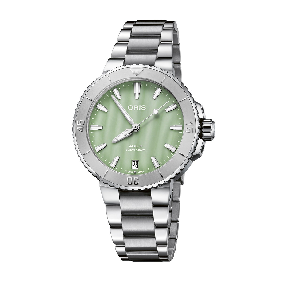 Oris Aquis Date Automatic Stainless Steel Watch with Green Mother of Pearl Dial