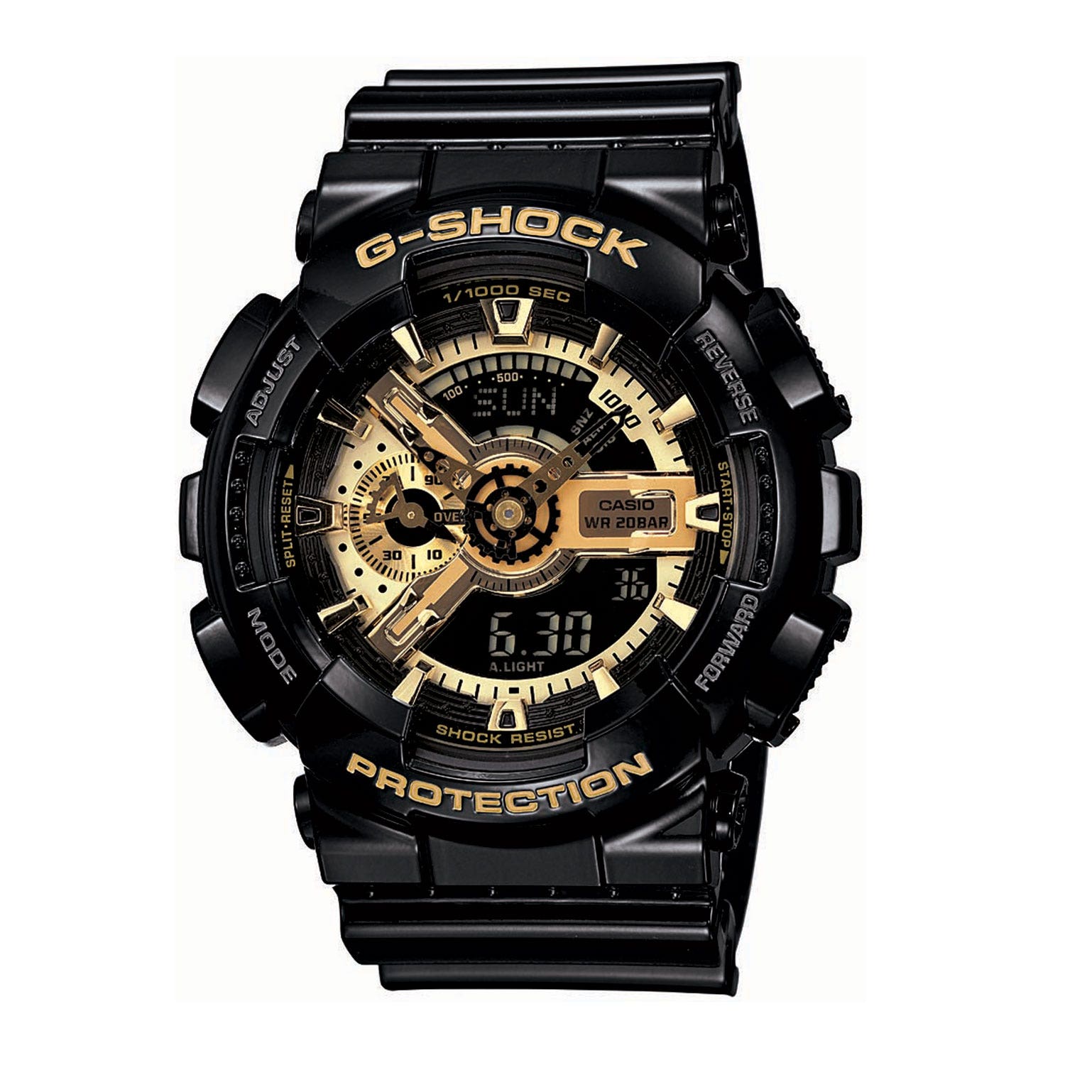 Casio G-Shock Men's 25MM Black Resin Band with Multi-Functional Black and Gold Watch Face - GA110GB-1