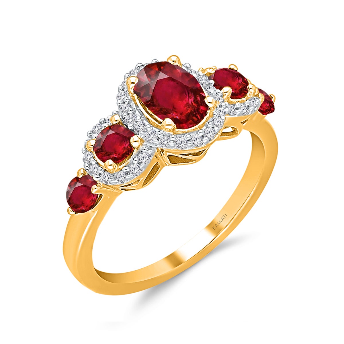 Oval Ruby & 1/5 ct. tw. Diamond Halo 5-Stone Ring in 14K Yellow Gold