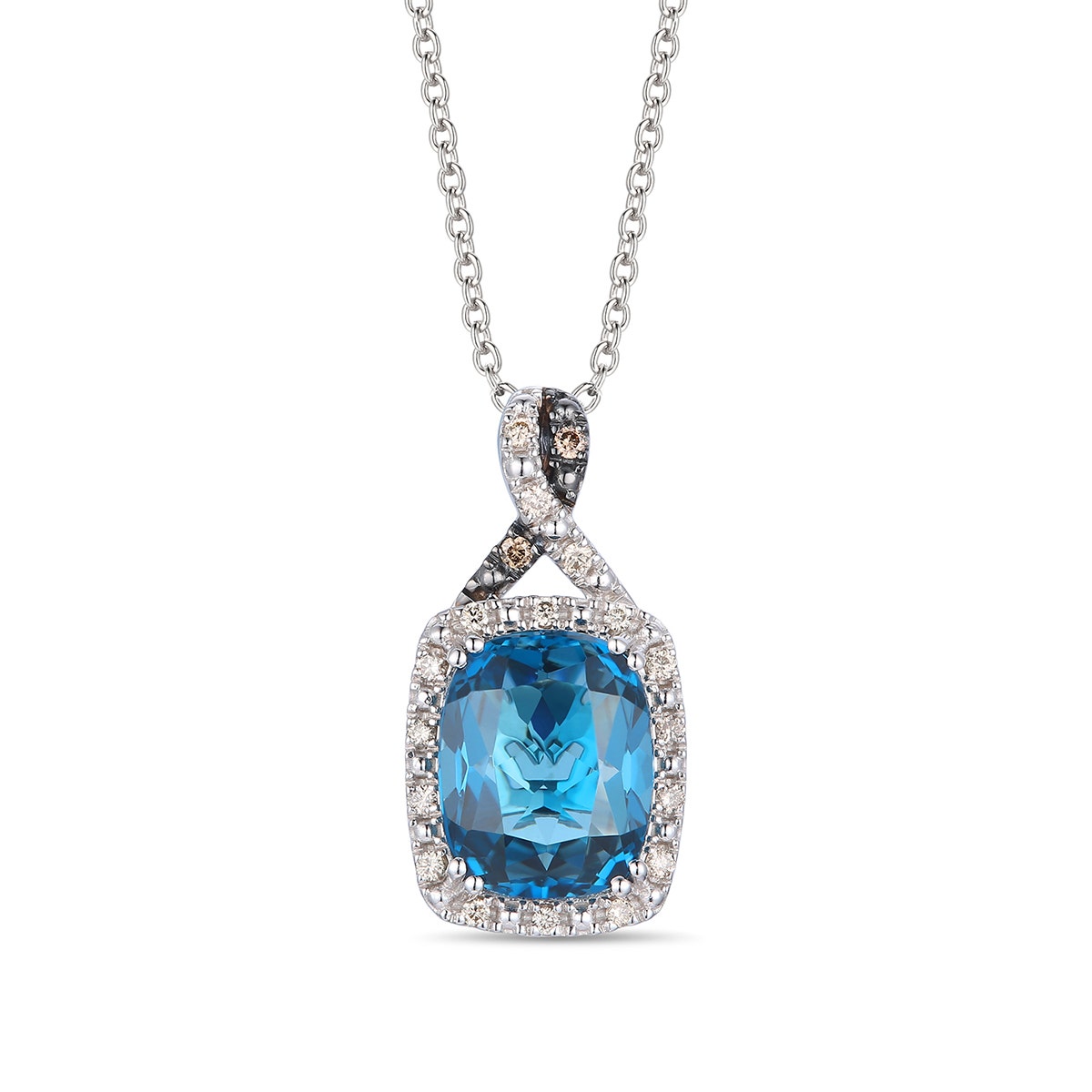 Le Vian white gold cushion blue topaz & 1/10 ct. tw. nude & chocolate diamond halo twist pendant