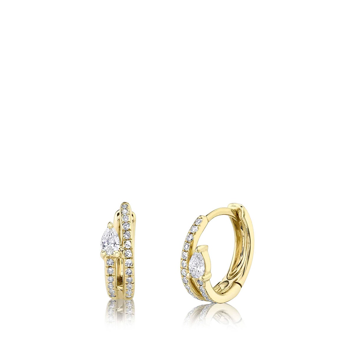 yellow gold pear and round diamond huggie hoop earrings