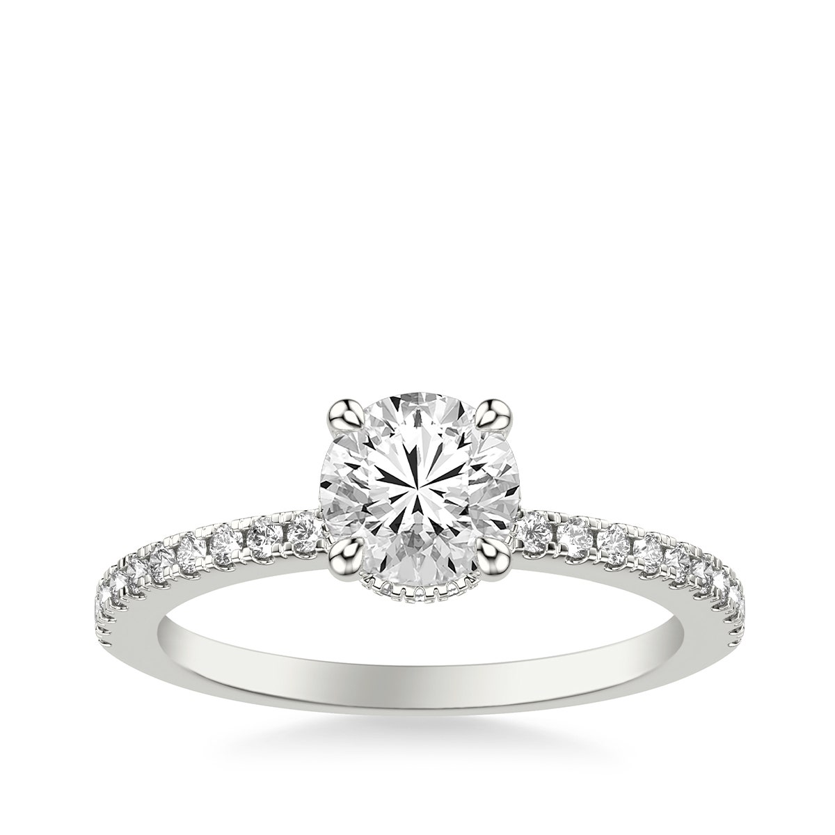 Round diamond & hidden halo engagement ring in white gold