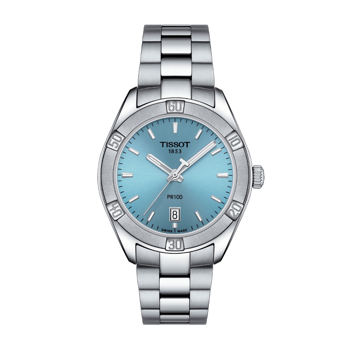 stainless steel watch with teal dial