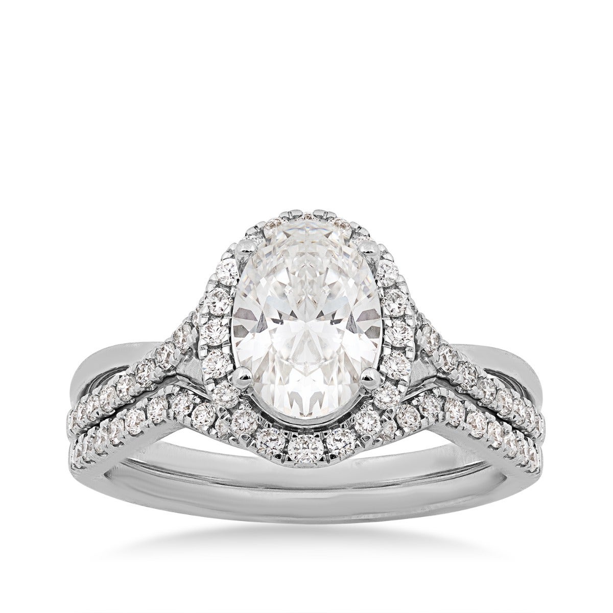 white gold oval lab-grown diamond halo wedding set