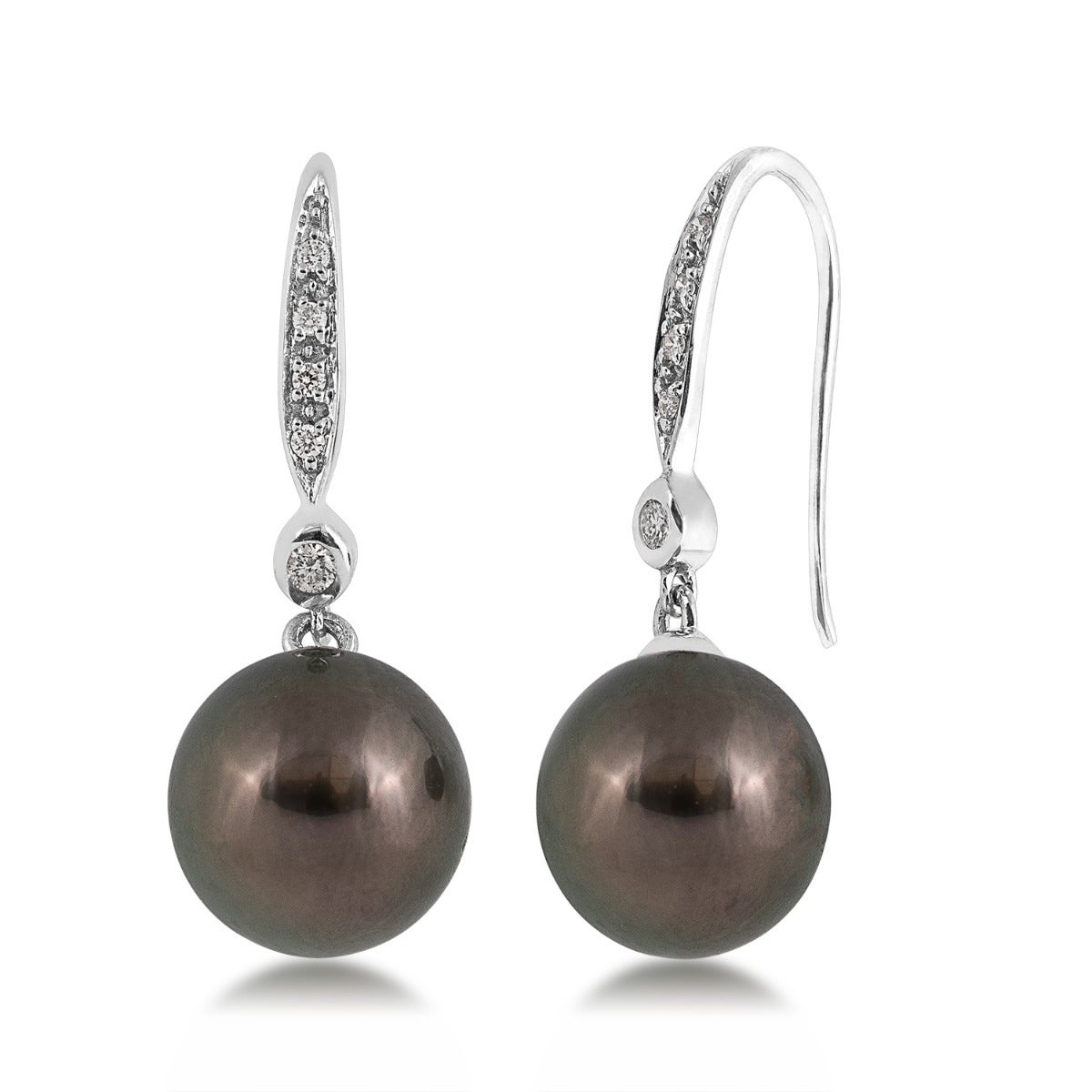 white gold Tahitian pearl drop earrings with diamond accents
