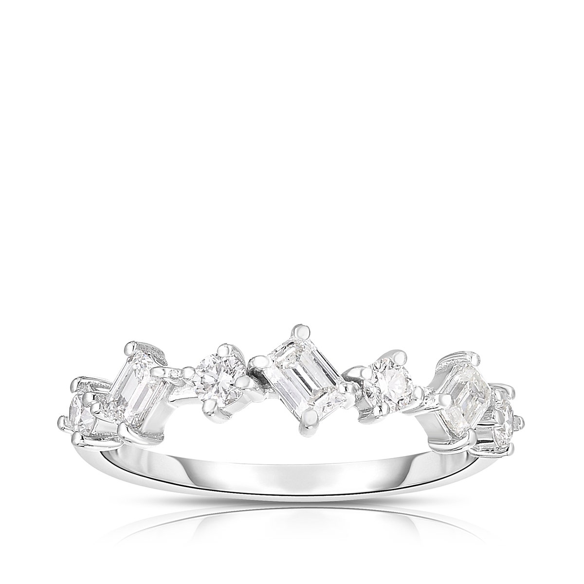 white gold emerald cut and round diamond alternating anniversary ring