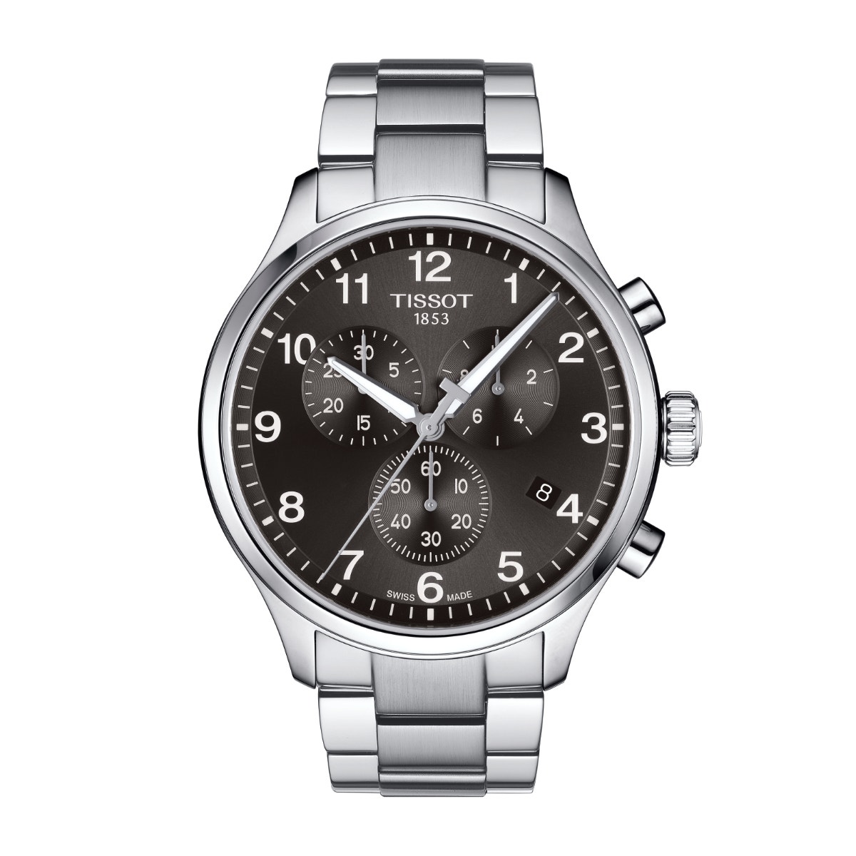 stainless steel watch with black dial