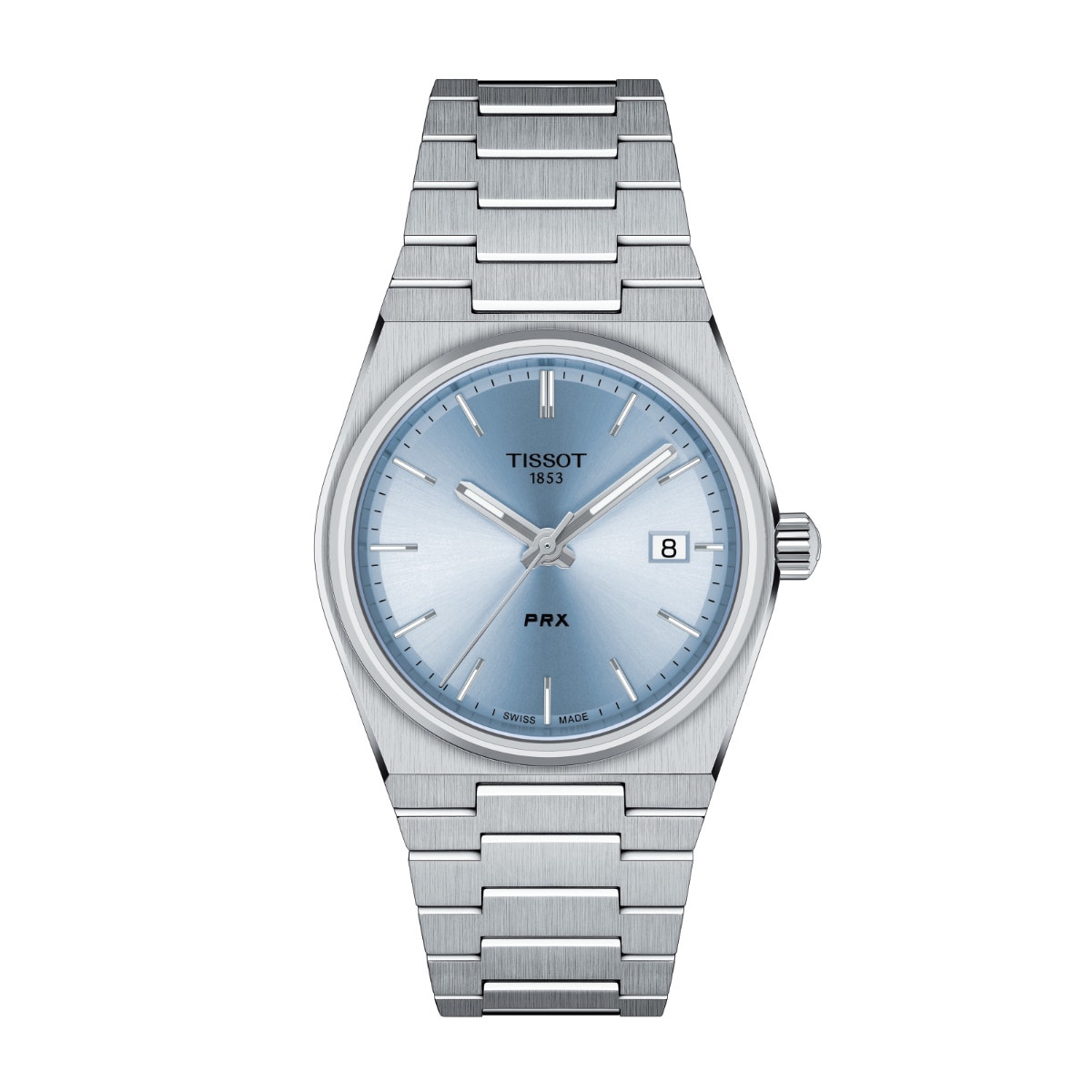 stainless steel watch with light blue dial
