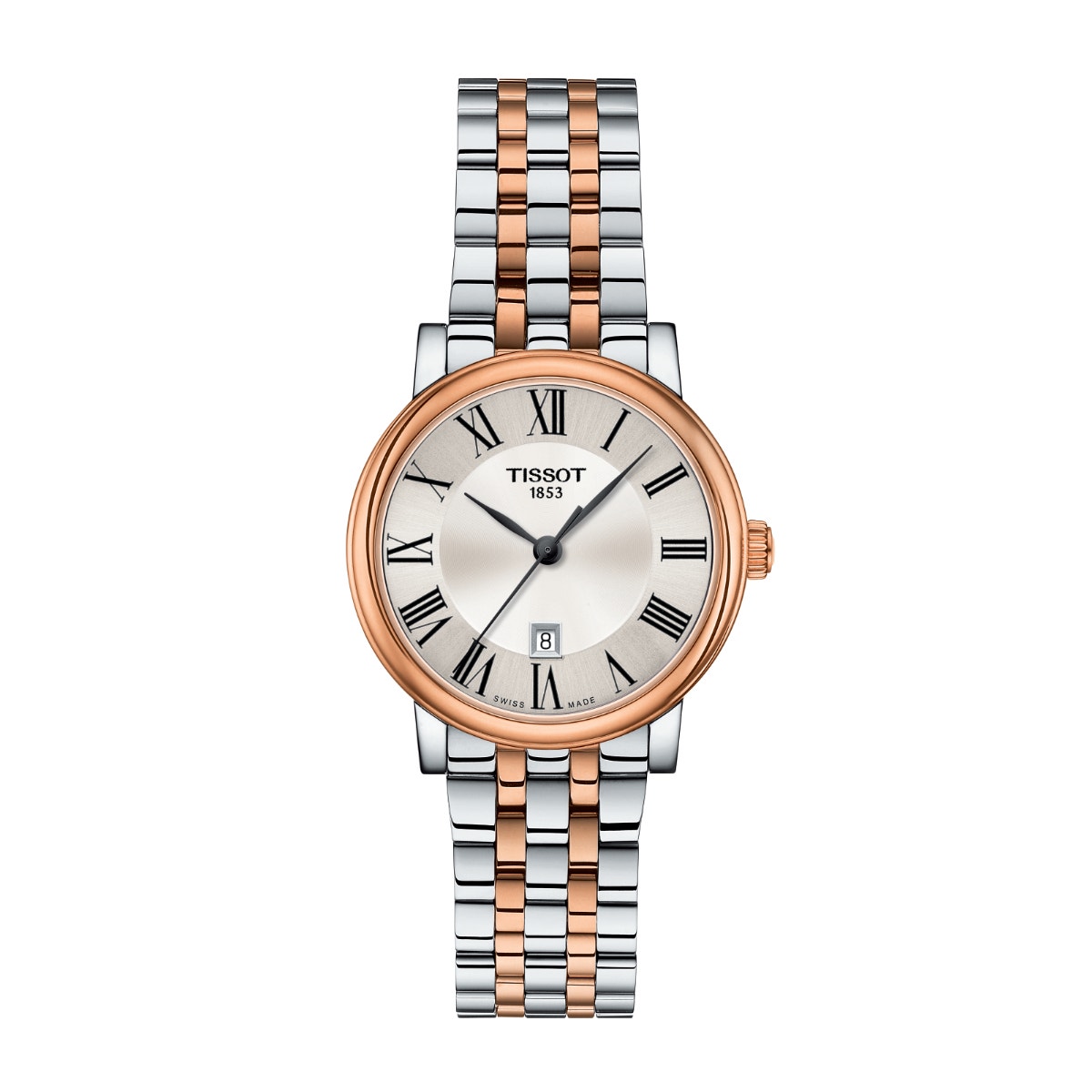 white and pink stainless steel watch with silver dial