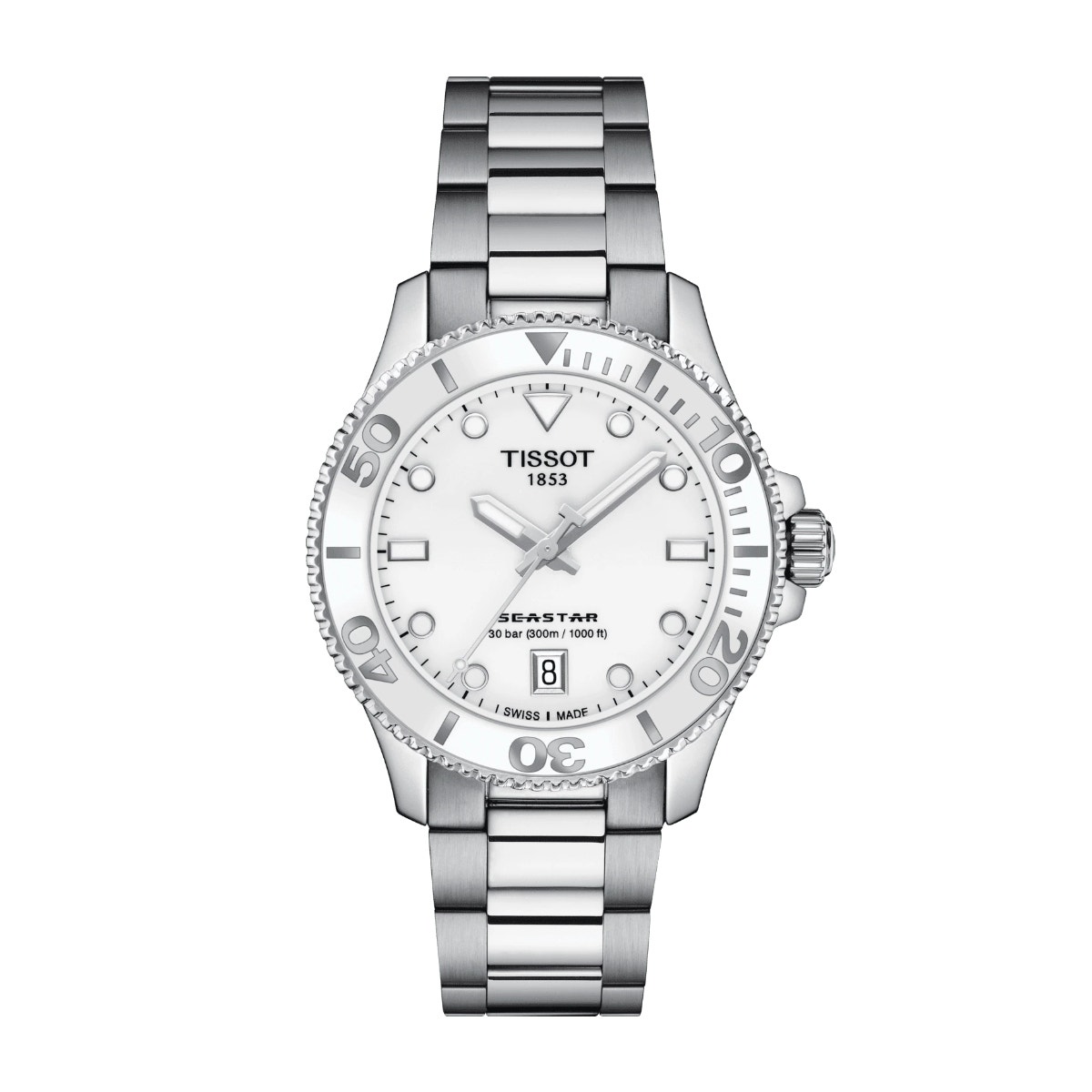 stainless steel watch with white dial