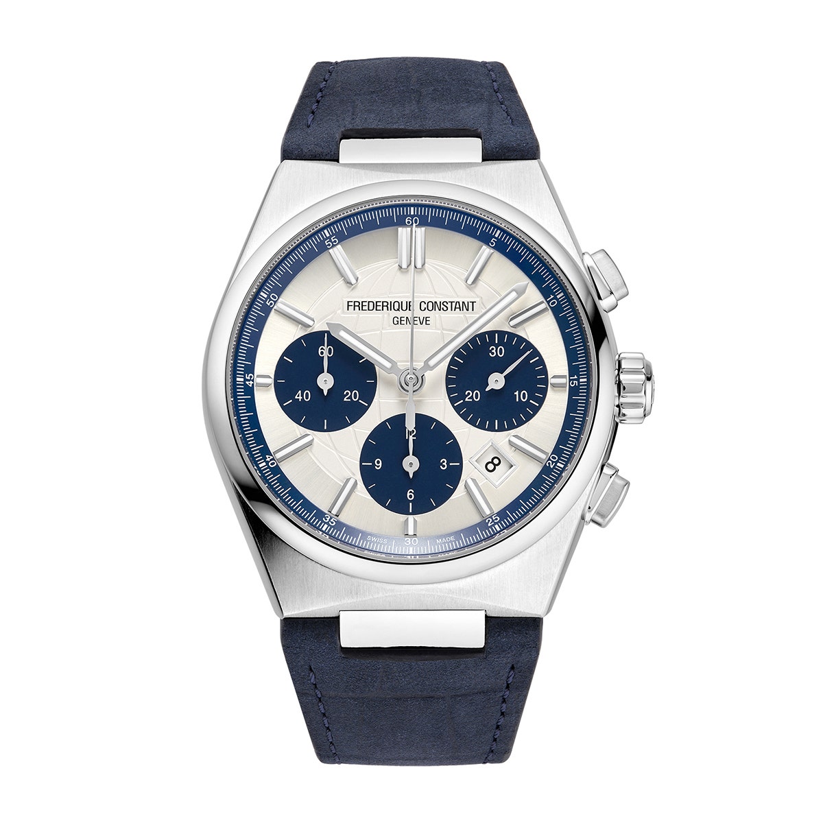 Stainless steel chronograph automatic globe pattern white dial & blue leather strap Frederique Constant watch