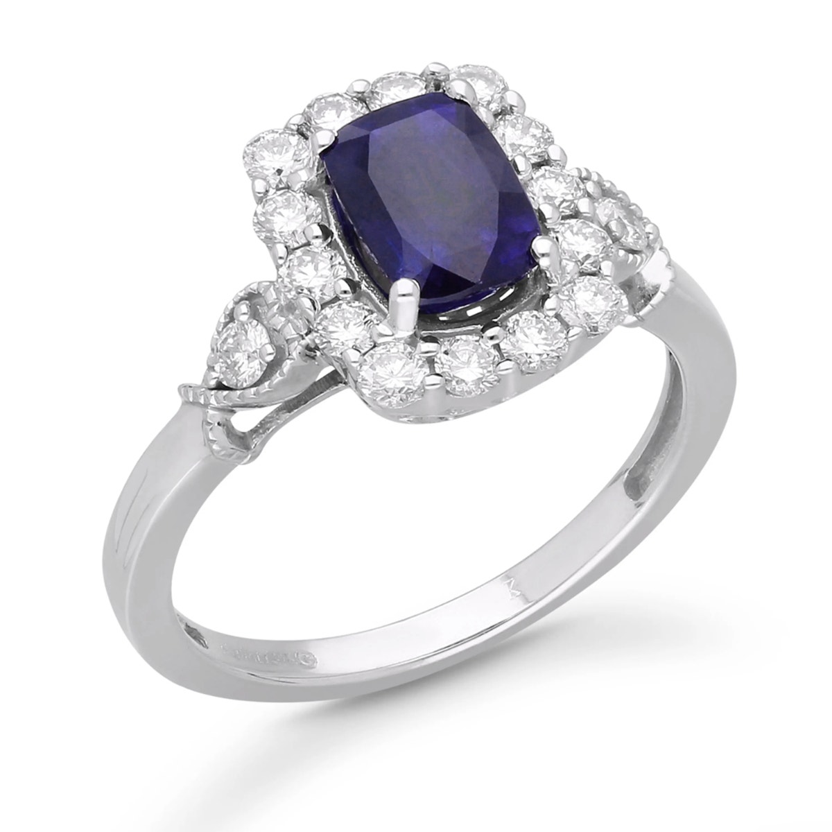 cushion tanzanite and diamond halo white gold ring