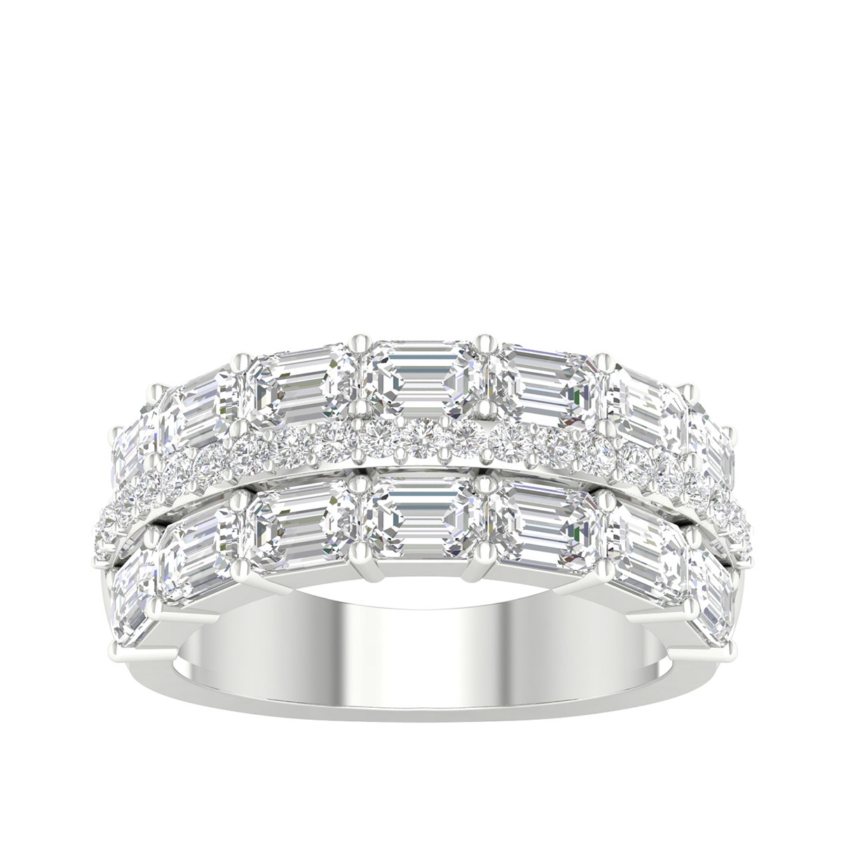 white gold emerald cut and round diamond multirow ring