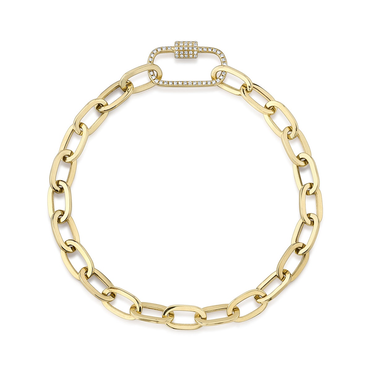 Paperclip link bracelet with diamond carabiner clasp in yellow gold