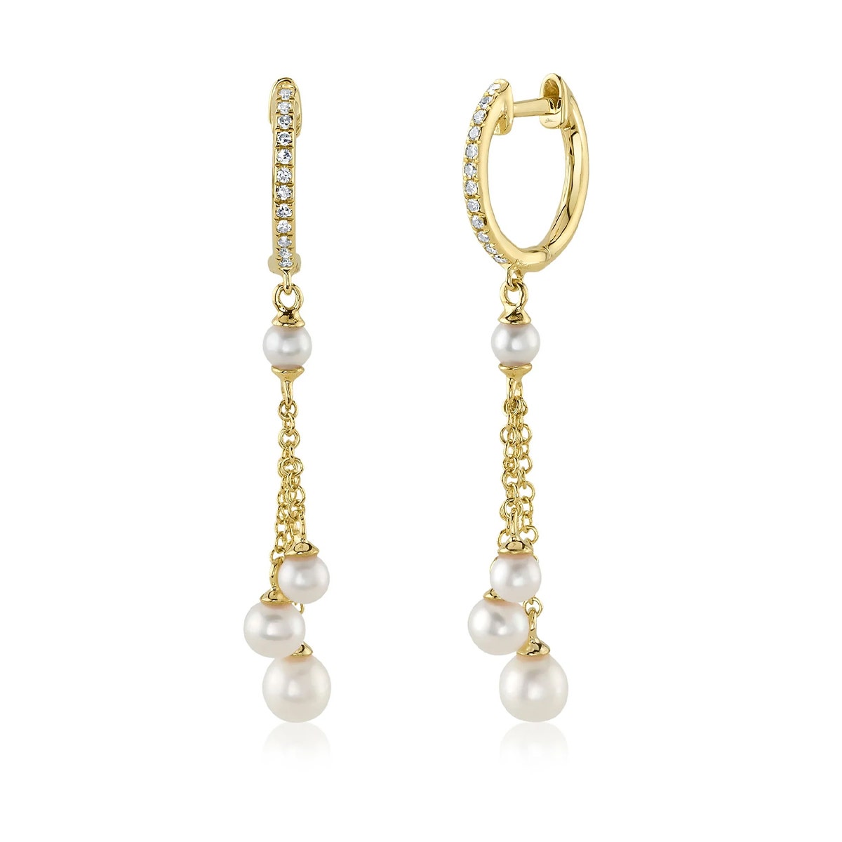 Yellow gold round white cultured pearl & diamond accent dangle earrings