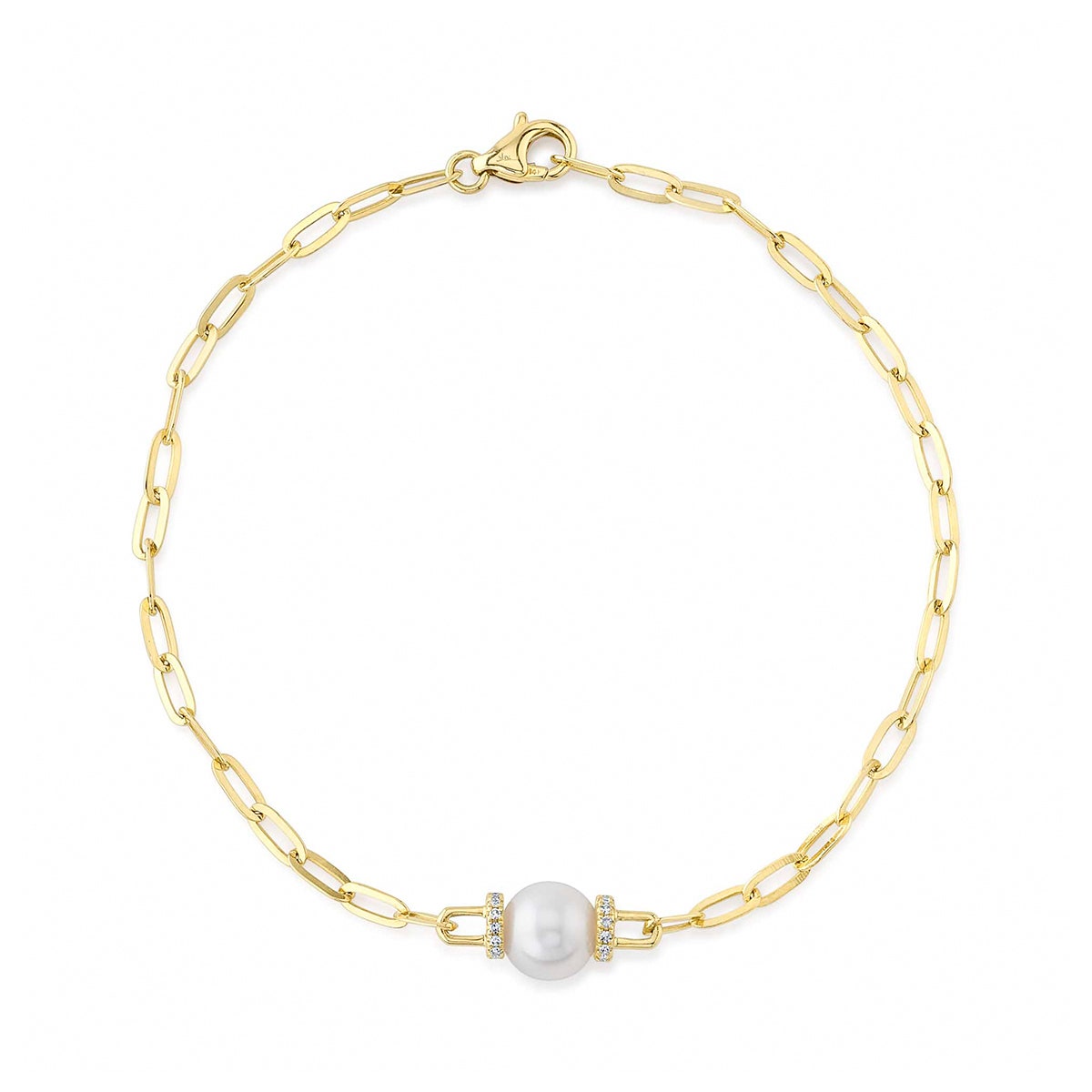 Cultured pearl and diamond accent paperclip chain bracelet in yellow gold