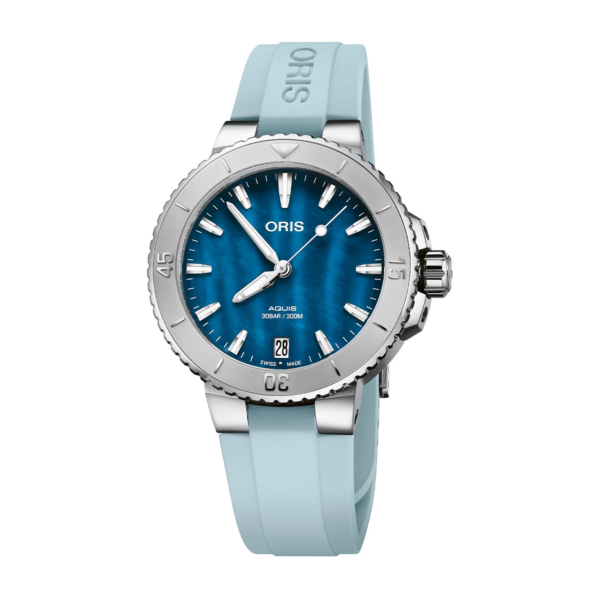 Stainless steel blue mother of pearl dial & light blue rubber strap unisex Oris Aquis date automatic watch