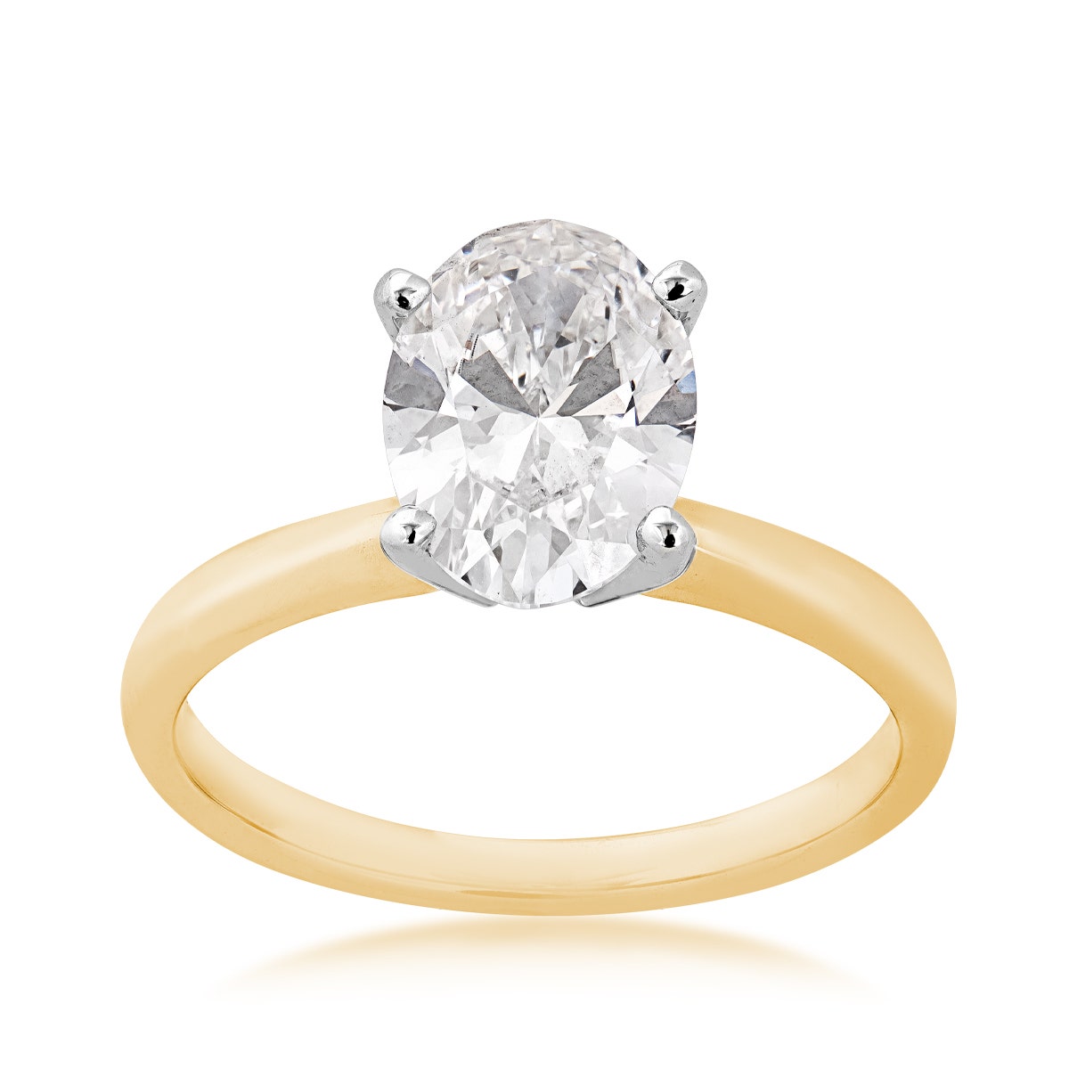 Yellow gold 2 ct. tw. oval lab-grown diamond solitaire engagement ring with white gold prongs
