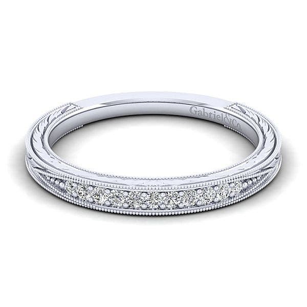 Gabriel & Co. .10 ct. tw. Vintage Style Wedding Band with Side Carving and Milgrain Detailing in 14K White Gold - WB11827R4W44JJ