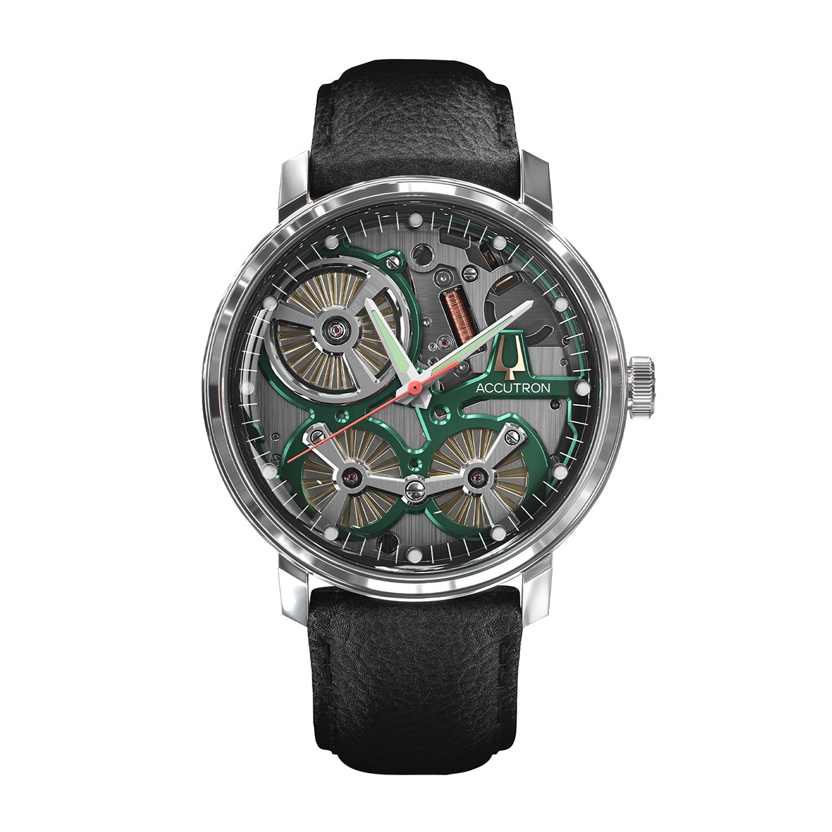 Stainless steel gray & green open-work dial watch with black leather strap