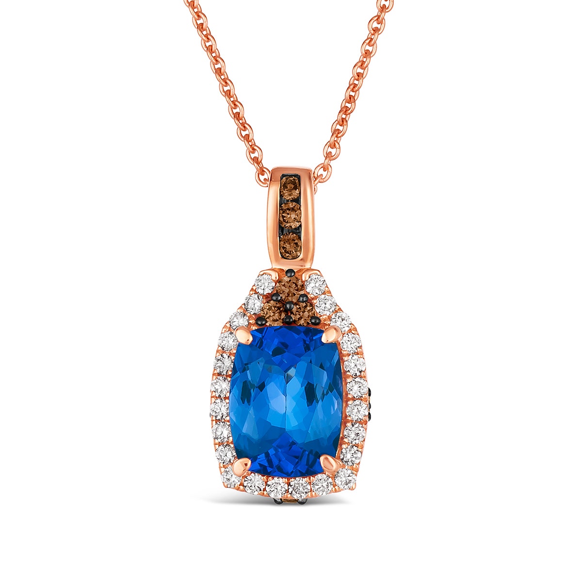 pink gold cushion cut blue tanzanite pendant with white and brown diamonds along halo and bale