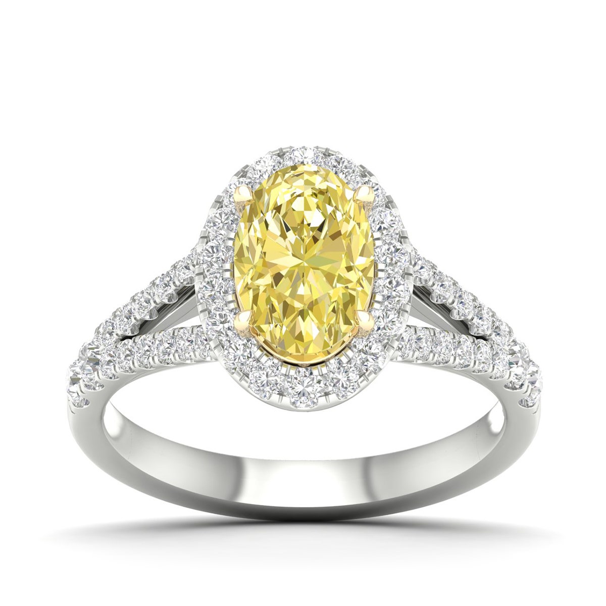 white gold oval yellow diamond engagement ring with white diamond halo and split shank