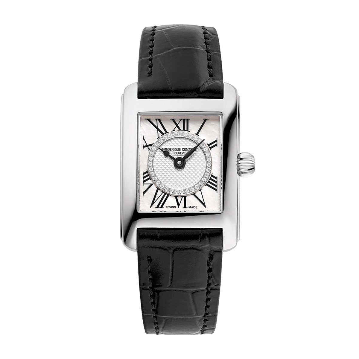 Stainless steel diamond accent white dial & black leather alligator pattern strap Frederique Constant watch