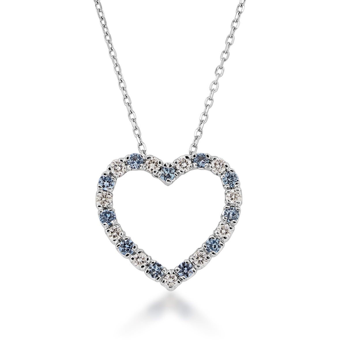 white gold alternating diamond and blue Yogo sapphire open heart pendant