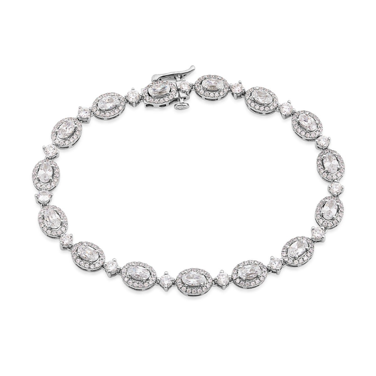 white gold oval and round diamond halo tennis bracelet