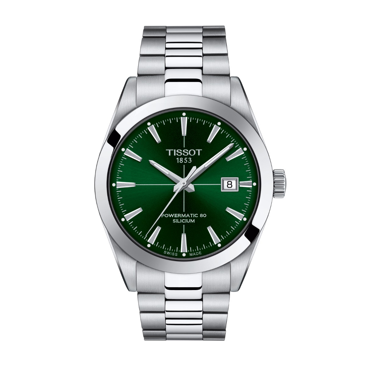 stainless steel watch with green dial