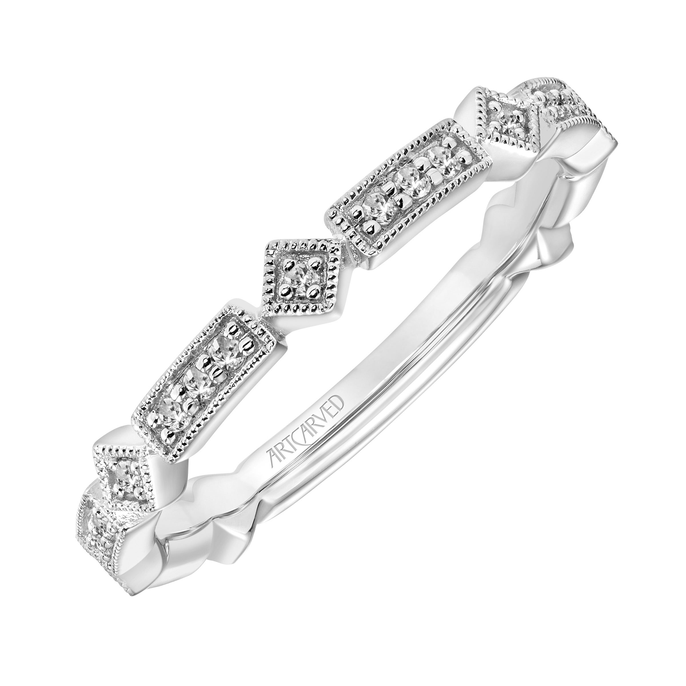 ArtCarved Vintage .13 ct. tw. Unique Alternating Diamond Design Wedding Band with Milgrain Edging in 14K White Gold- 31-VZ857S-L.00