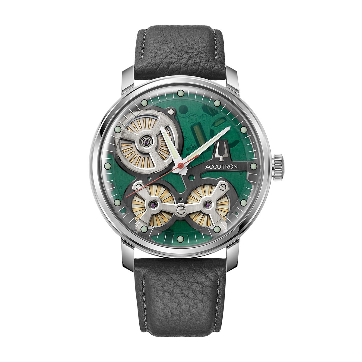 Stainless steel green & black open-work dial Accutron watch with charcoal gray leather strap