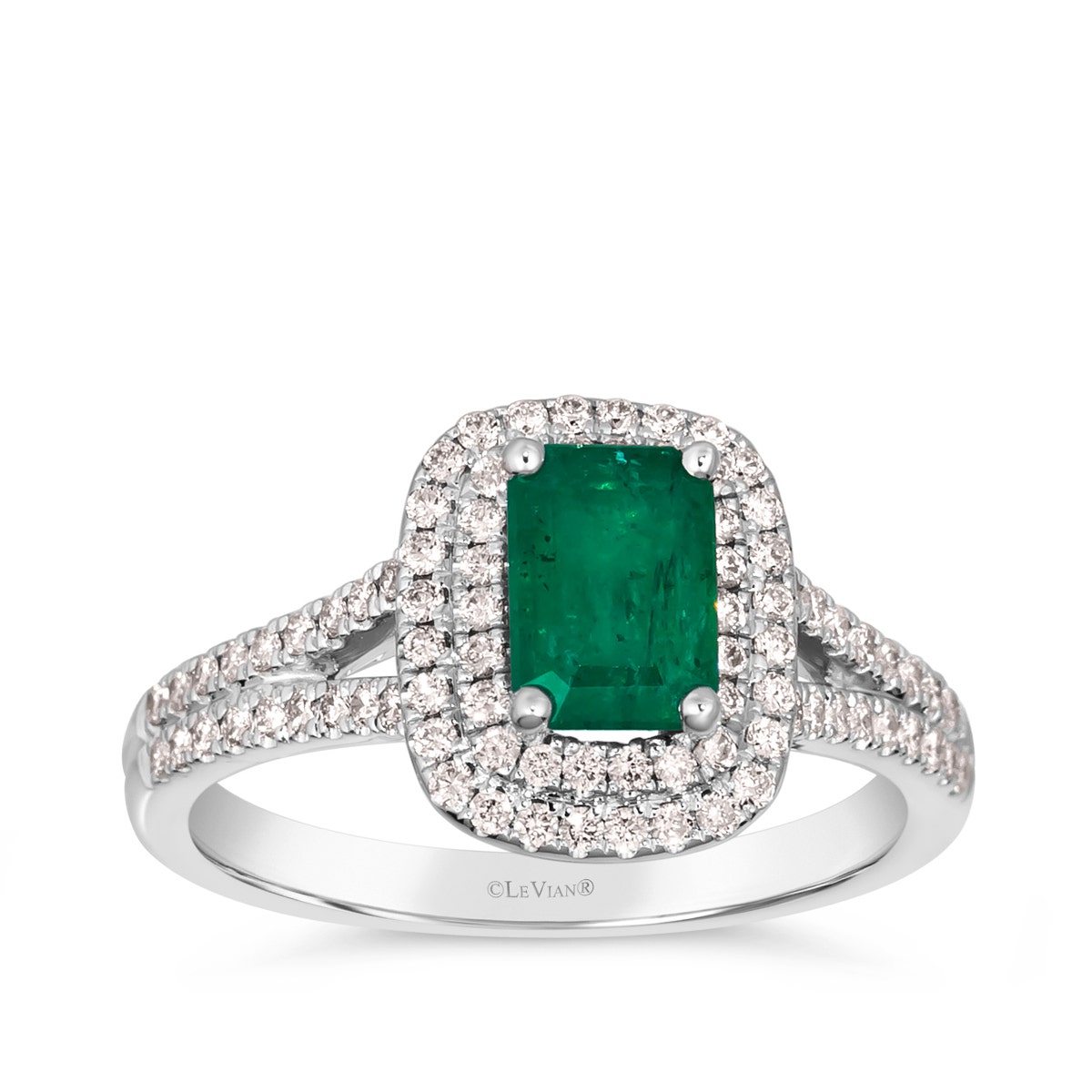 14K vanilla gold emerald cut Costa Smeralda Emerald & 3/8 ct. tw. round vanilla diamond double halo ring