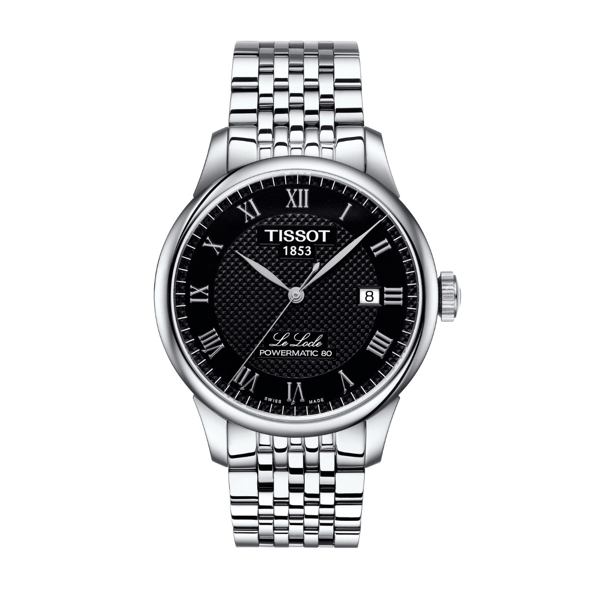 stainless steel watch with black textured dial