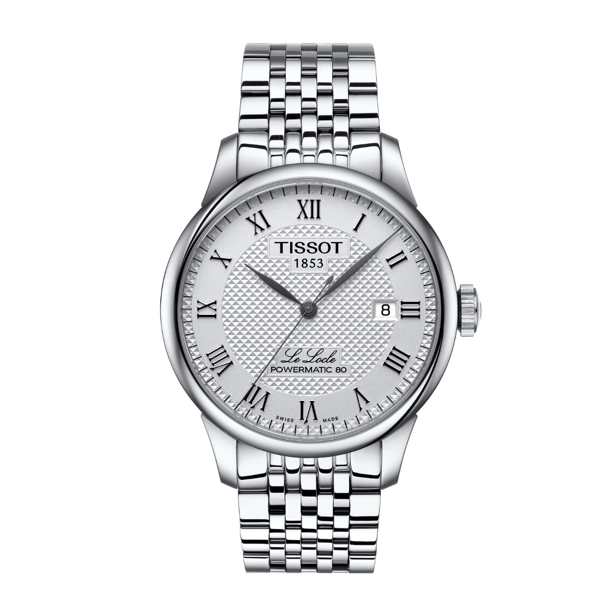 stainless steel watch with silver textured dial