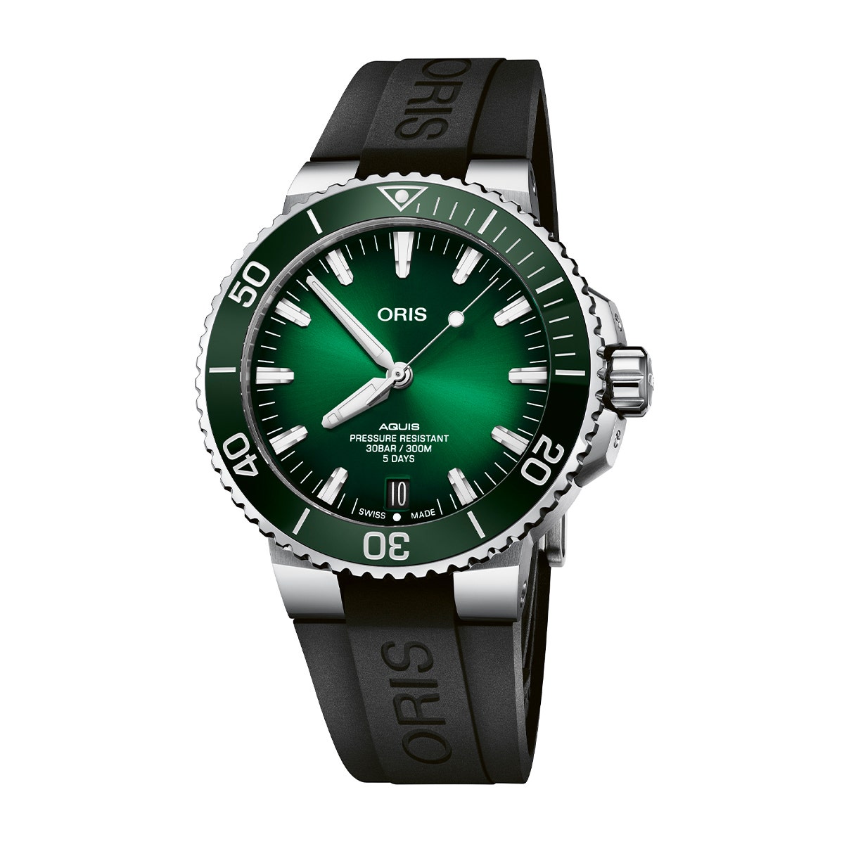 Oris Men's Aquis Date Calibre 400 Automatic Stainless Steel Watch with Green Dial & Black Rubber Strap