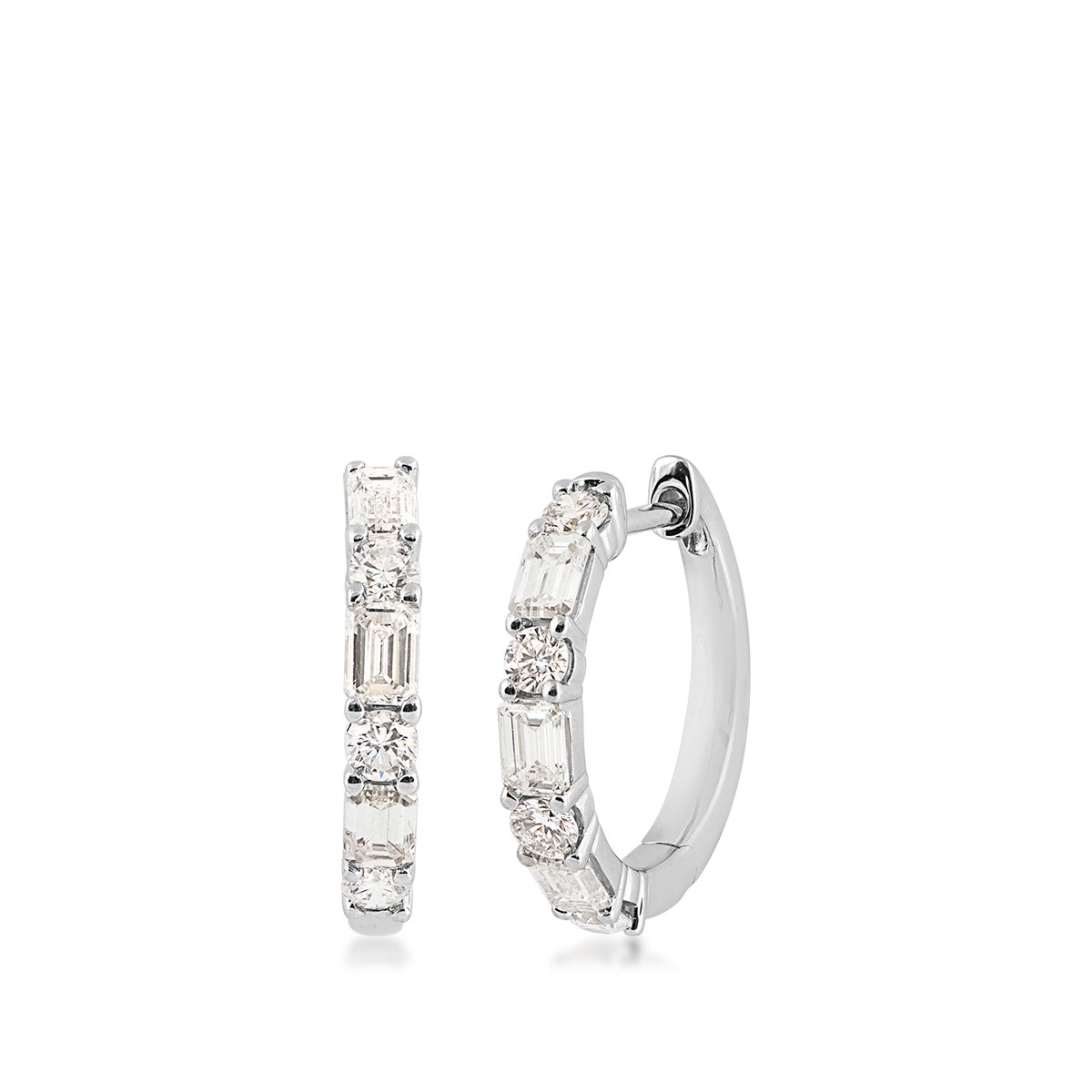 white gold alternating round and emerald cut lab grown diamond hoop earrings