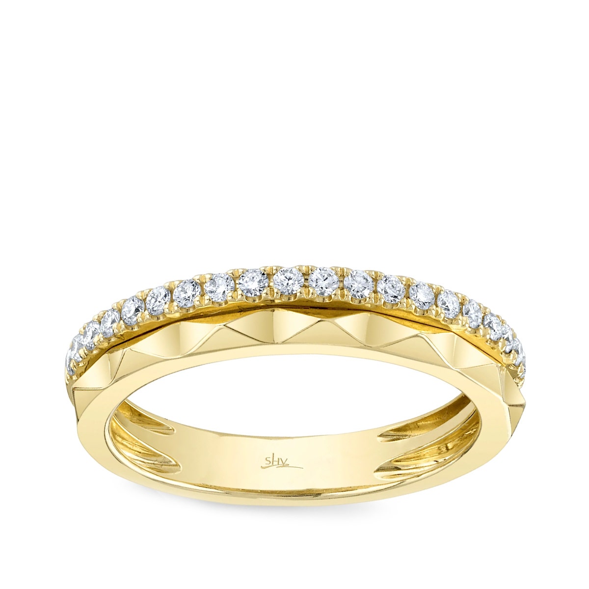 Yellow gold round diamond pyramid texture stackable ring