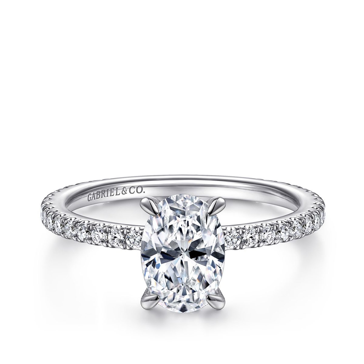 white gold diamond hidden halo semi-mount engagement ring with oval CZ center