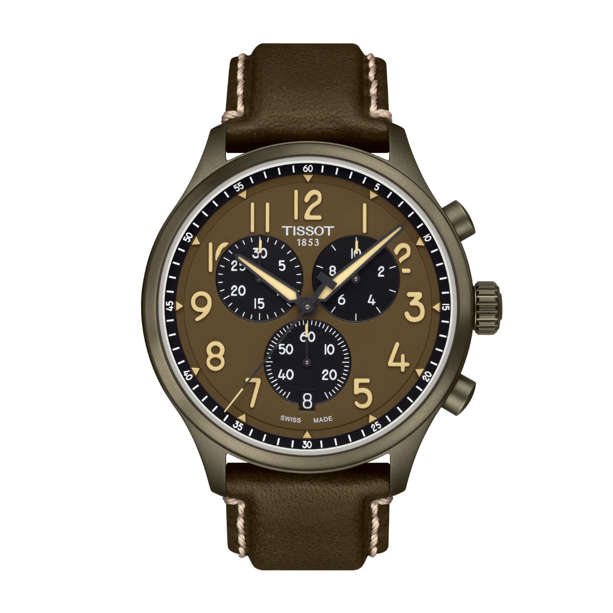 green-ish brown stainless steel watch with green-ish brown dial and strap