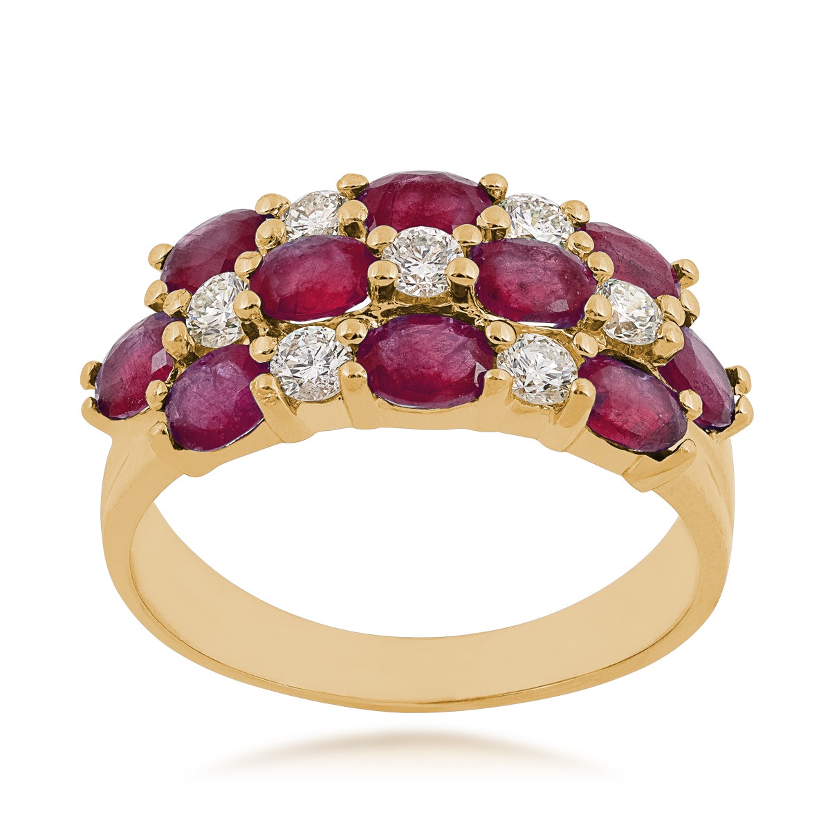 yellow gold oval ruby and round diamond alternating multirow ring