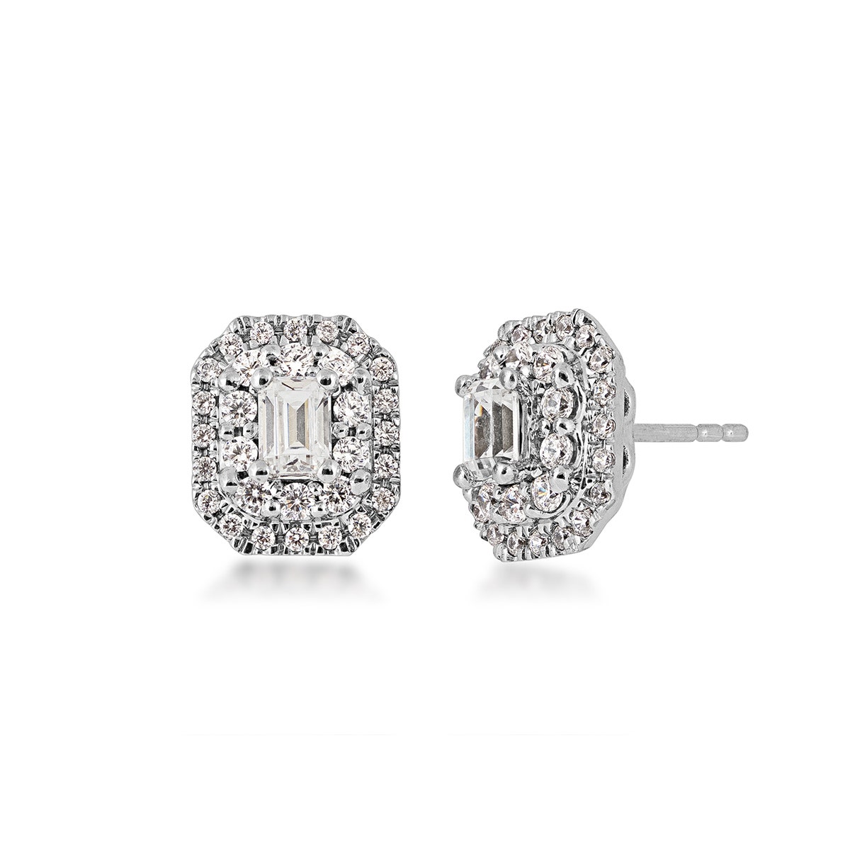 white gold emerald cut lab-grown diamond double halo stud earrings